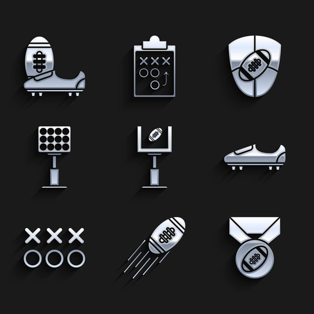 美式橄榄球球门柱和橄榄球、足球、奖牌、足球鞋、战略概念、体育场灯光、盾牌图标矢量素材图片下载