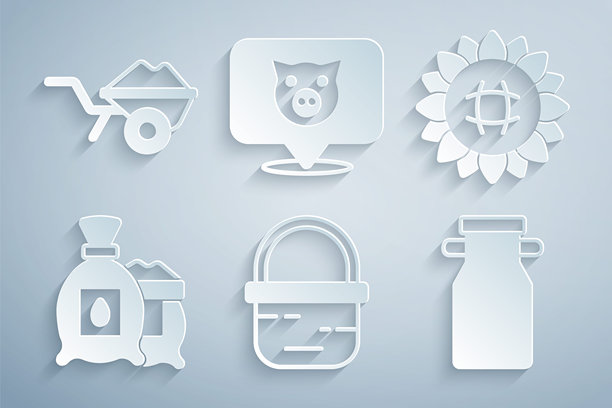 装满植物种子的向日葵篮子，牛奶容器，猪和装有泥土的手推车图标。矢量图。图片下载