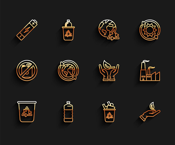 带回收标志的垃圾桶、塑料瓶、电池、环境保护的嫩芽、地球回收、工厂图标矢量素材图片下载