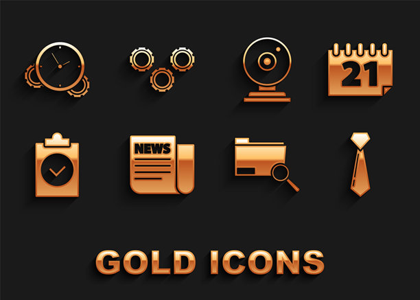 新闻、日历、领带、搜索概念与文件夹、已完成任务、网络摄像头、时间管理和齿轮图标。矢量图。图片下载