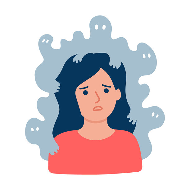 患有惊恐症、压力和精神打击的年轻悲伤女性。在焦虑、情绪紊乱和其他精神问题的情况下，关注心理健康。恐惧的阴影。女孩角色插画图片下载