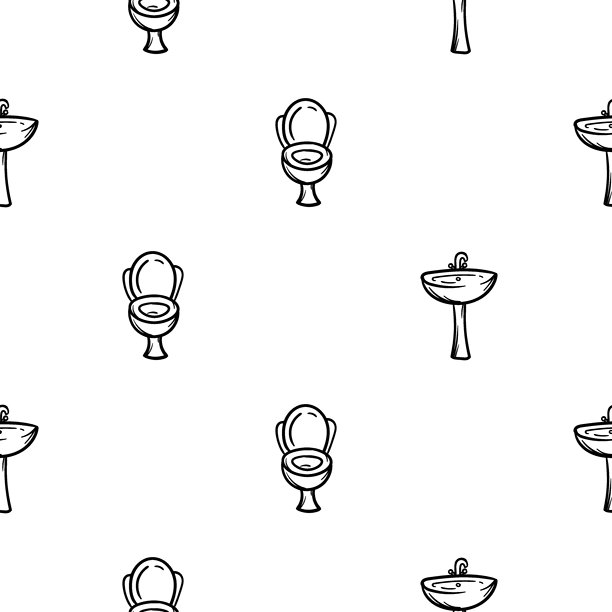 简单的黑白无缝图案，包含马桶和洗手池。适用于商店、清洁公司设计以及清洁服务广告的矢量背景。图片下载