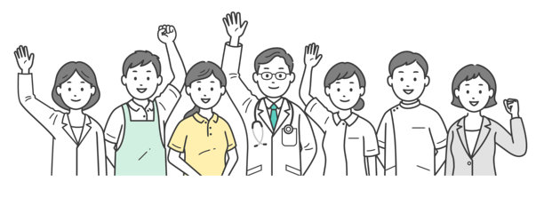 一幅上半身插图，展示了一群医生、护士、护理人员、护理经理和营养师，他们支持当地社会福利。图片下载