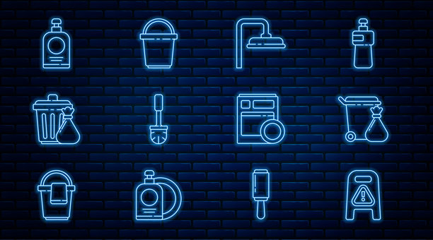 湿滑地面与清洁中提示牌，垃圾桶，淋浴喷头，马桶刷，洗手液瓶，洗碗机和水桶图标矢量素材图片下载