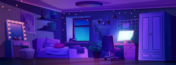 少女房间的夜间室内景观。图片下载