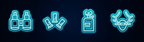 双筒望远镜、弹药筒、野营燃气灶和鹿角盾牌霓虹灯图标矢量素材图片下载