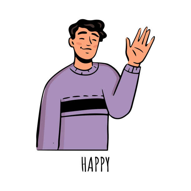 一个表现快乐情绪的男人，孤独而冷静，展现出幸福和愉悦。矢量平面卡通角色，机智的男人闭着眼睛，脸上带着微笑，挥手致意。图片下载
