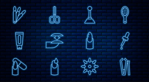 指甲刀、油管滴管、美甲铣刀、假指甲、手霜管和剪刀图标。矢量图。图片下载