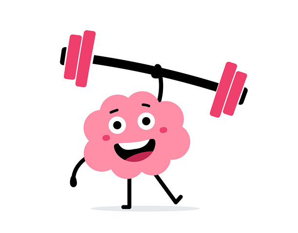 卡通矢量插画：强壮快乐的大脑人物轻松举重，白色背景，扁平线条涂鸦风格设计，健康运动大脑微笑举杠铃图片下载