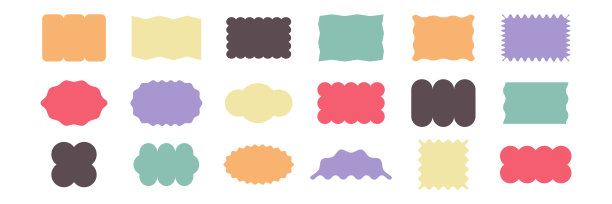 锯齿形和波浪形几何图形。带曲边的彩色徽章。贴纸、海报、锯齿形、标签的装饰元素。矢量插图图片下载