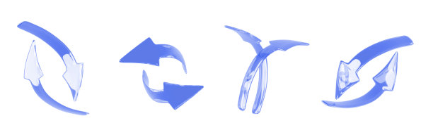 3D蓝色曲线箭头图标的孤立渲染。两个圆形箭头分别向上和向下、向左和向右的不同角度视图。刷新、重载、重复、更新和同步的象征。图片下载