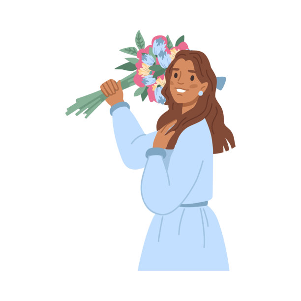 手捧鲜花的快乐女人矢量扁平卡通人物，带着花束庆祝节日、生日或纪念日图片下载