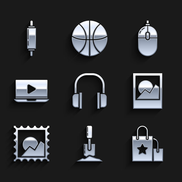 耳机、铲子、纸购物袋、相框、风景图片、在线视频播放、电脑鼠标和滚动图标。矢量图。图片下载