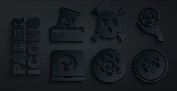 原子放射性核笔记本电脑分子骨骼和骷髅警告及废桶图标矢量素材图片下载