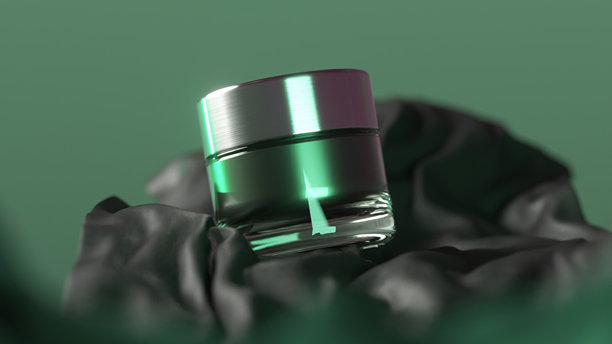 新产品：3D渲染的玻璃和金属化妆品罐，黑色布料上带有发光绿色线条，背景为绿色，未开封图片下载