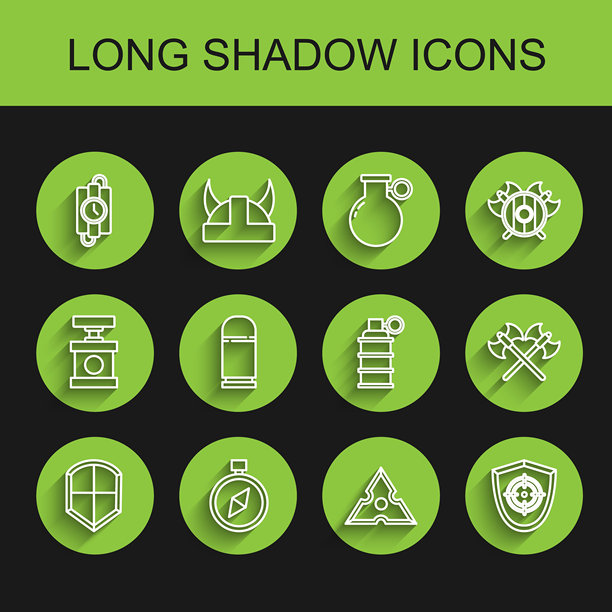 盾牌、指南针、炸药棒和定时器时钟、日本忍者手里剑、目标运动、弹药筒、交叉中世纪斧头、手榴弹图标矢量素材图片下载