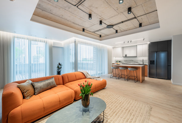 现代家居客厅。奢华时尚的现代公寓。开放式室内，橙色沙发、沙发床、衣柜、家具，斯堪的纳维亚设计。桌子上的花卉。背景中的厨房。图片下载