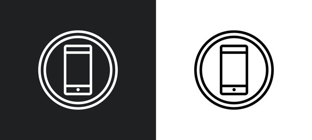 禁止手机轮廓图标，黑白色。来自机场航站楼系列的禁止手机平面矢量图标，适用于网页、移动应用和用户界面。图片下载