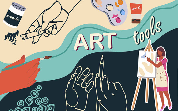 拼贴艺术工具素材：矢量扁平插画、人物和艺术用品图片下载