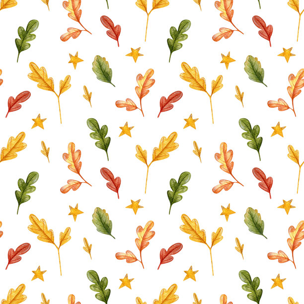 水彩自然无缝图案，背景为白色，手绘插图。野生森林植物、橡果、树枝。适用于制作面料、包装纸、邀请函和纺织品。图片下载