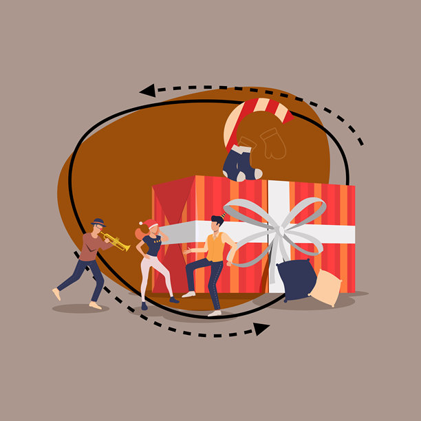朋友们在巨大的礼品盒旁跳舞和唱歌图片下载
