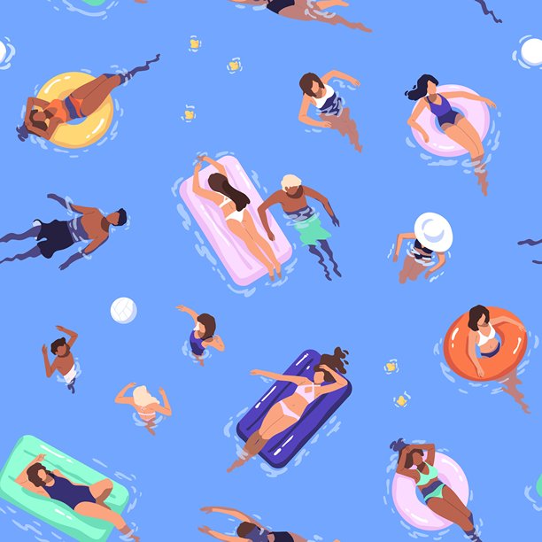 人们在游泳池中漂浮，使用充气圈和气垫的可重复图案。夏季水上乐园中游客在水中玩乐的无尽背景。平面无缝矢量插图。图片下载