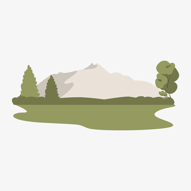 风景如画的山地景观，树木以平面矢量插图形式呈现，象征自然、户外冒险和探索，背景为白色。图片下载