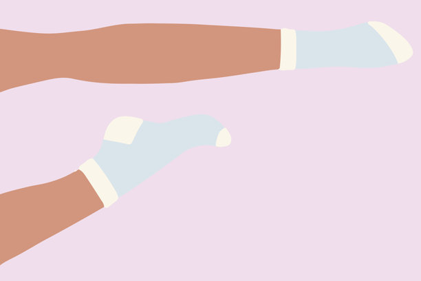 平面矢量插图，展示双腿躺在地板上。右腿在水平面上弯曲，脚上穿着蓝色袜子，袜口和脚跟为白色。图片下载