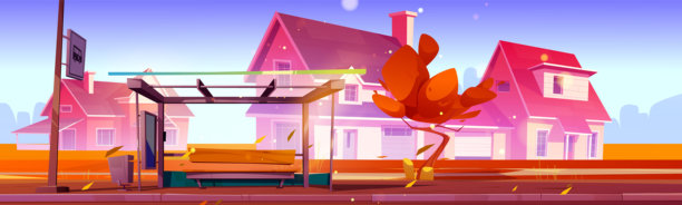 秋季郊区风景，房屋和公交站图片下载