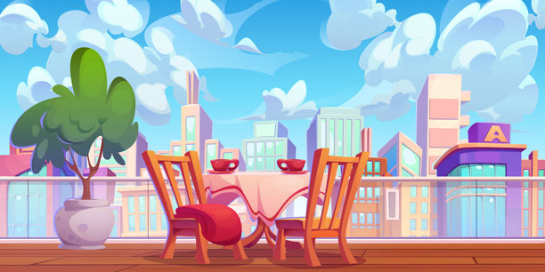 屋顶露台上的咖啡桌和椅子图片下载