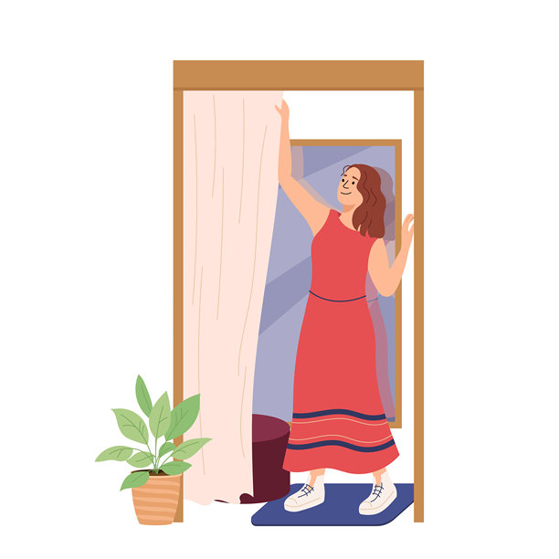 年轻女性在服装精品店的试衣间试穿衣服。女性角色穿着新红裙子，在试衣间的隔间里拉开帘子，镜子映出她的身影。在服装店里享受购物的闲暇时光。图片下载