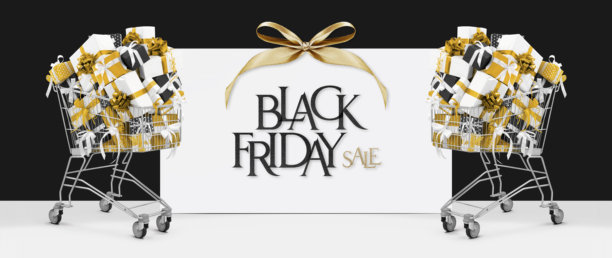 黑色星期五购物车装满了金色和白色的礼品盒，盒子上系着丝带，背景是带有文字的海报。用于促销、在线购物或特价优惠的横幅。图片下载