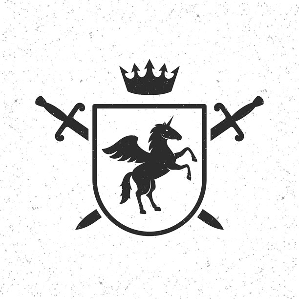 复古徽章，带有盾牌、皇冠、剑和马的轮廓。纹章，徽章模板。矢量插图图片下载