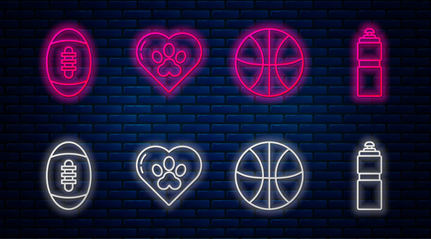 带有动物足迹的心、篮球、橄榄球和健身摇摇杯发光霓虹灯图标在砖墙上矢量素材图片下载