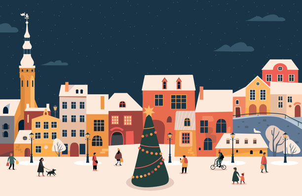 城市广场上有圣诞树，快乐的人们在冬季假期的街道上漫步图片下载
