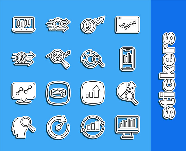设置带有图表的监控线，数据分析搜索，移动，金融增长美元，股票市场图表和图标。矢量图。图片下载