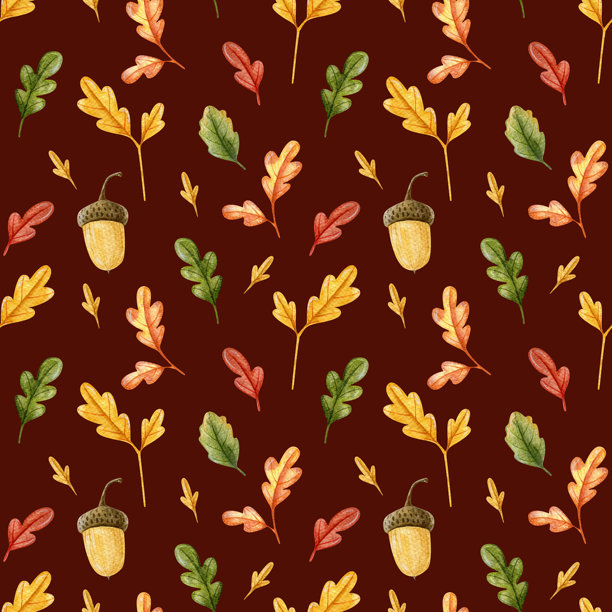 水彩自然无缝图案，手绘插图，背景为深红色。野生森林植物、橡果、树枝。适用于制作面料、包装纸、邀请函和纺织品。图片下载