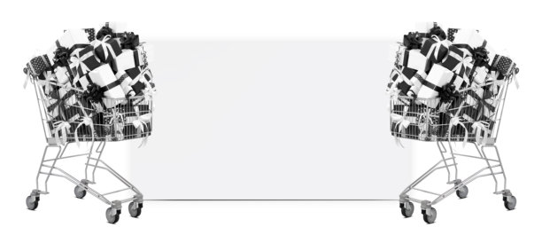黑色星期五购物车装满了黑白相间的礼品盒，配有丝带，孤立在空白海报旁，留有空白空间。适用于促销、在线购物或特价优惠的横幅。图片下载