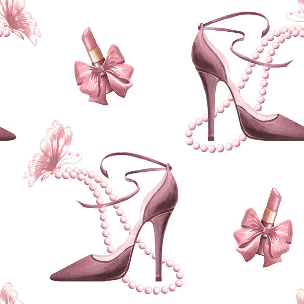带蝴蝶结的口红和珍珠串高跟鞋。女士用品的无缝图案。手绘水彩插图。女性美容概念的物品，适用于壁纸和包装、封面模板。图片下载
