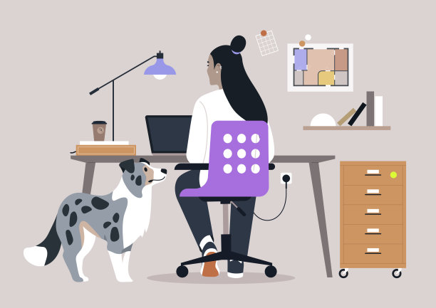 在一个明亮而宜人的工作空间里，有人专注于他们的笔记本电脑，身边有一只友好的狗狗好奇地观察着。这个富有创意的环境促进了生产力和舒适感。图片下载