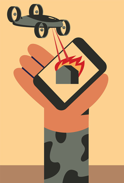 士兵通过应用程序操作飞行无人机。现代科技军队。图片下载