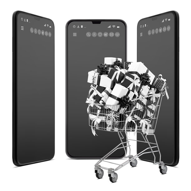 黑色星期五购物车装满了黑白相间的礼品盒，系着丝带，孤立在智能手机的空白屏幕上。用于促销、在线购物或特价优惠的横幅。图片下载