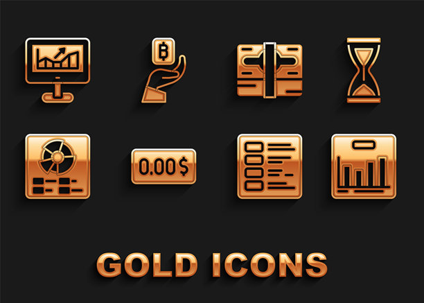 零成本，旧沙漏，饼图信息图，商业财务报告，纸币现金堆，带有增长图的电脑，手握比特币图标。矢量图。图片下载