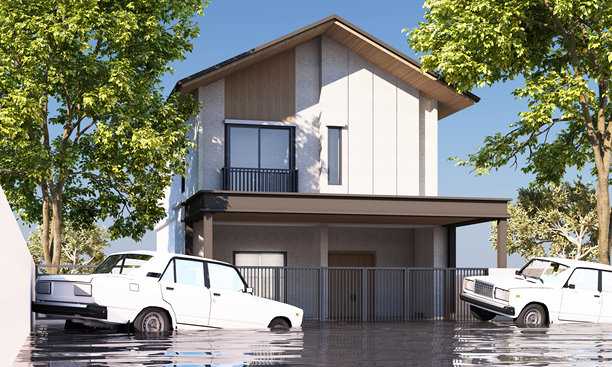 一栋被洪水环绕的房屋，周围有部分淹没的汽车，强调洪水对住宅区和交通的影响，3D渲染图。图片下载