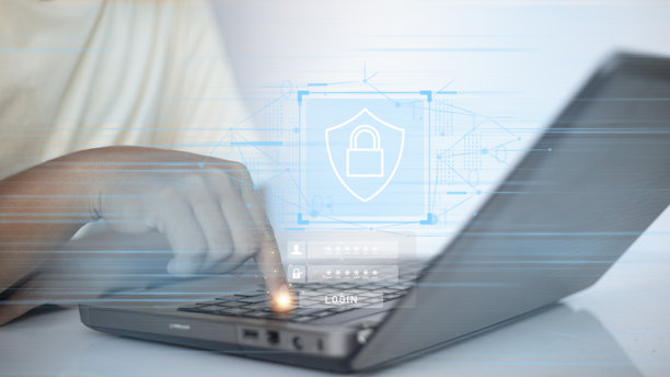 在显示“安全”蓝屏的笔记本电脑上打字的人图片下载