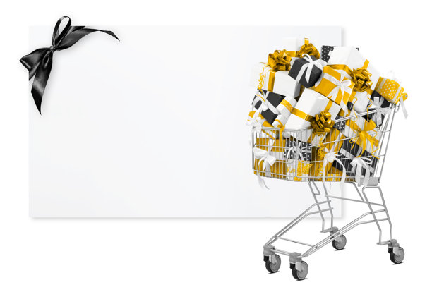 黑色星期五购物车装满了带金色丝带的礼品盒，旁边有一张空白的礼品卡，留有空白空间。适用于促销、在线购物或特价优惠的横幅。图片下载