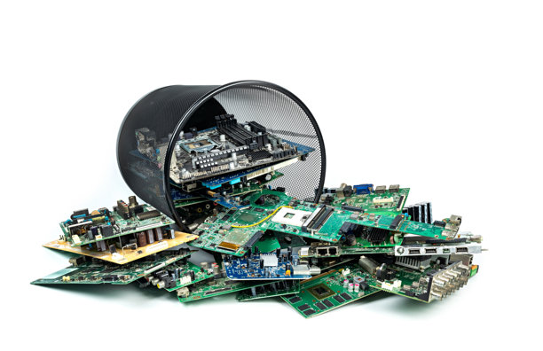 电子废物的主板电脑 - 从回收行业分离的旧电视电路板，背景为白色。图片下载