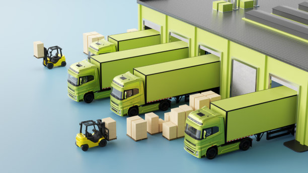 运营中带有绿色卡车和叉车的现代仓库鸟瞰图图片下载