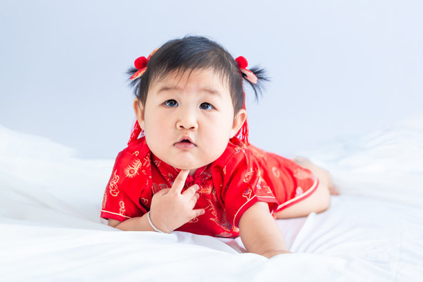 穿着中国新年服装的小女孩，快乐的小亚洲女孩穿着传统服饰，笑着和微笑着。图片下载