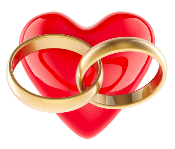 红色心形与金色婚戒的情侣配对，3D渲染图图片下载